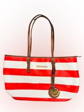 Michael Kors Red White Striped Tote Bag Large MK Shoulder Bag Summer